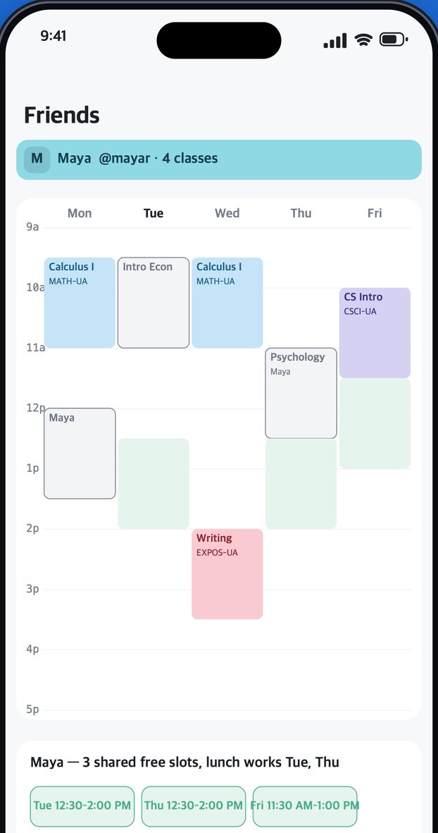 A screen from the Wheny app: Find a time. Lay your week over a friend's and see the hours you are both free.