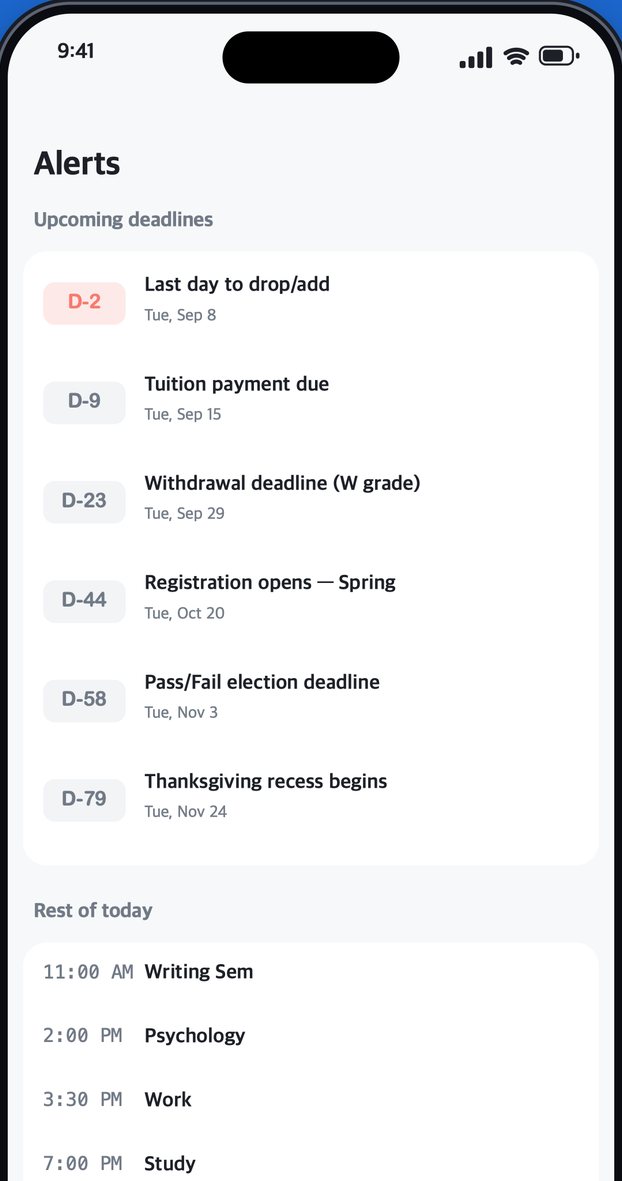 A screen from the Wheny app: Every deadline. Drop/add, withdrawal, tuition — counted down from your college's academic calendar.