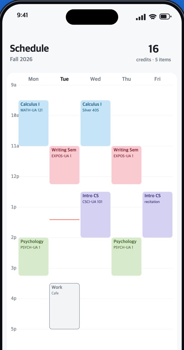 A screen from the Wheny app: Your week. The timetable, built from your college's own course list.