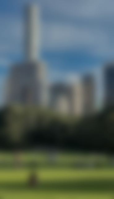 Sheep Meadow in Central Park on a sunny afternoon: people sitting on the grass, a line of trees, and the Midtown skyline rising behind.