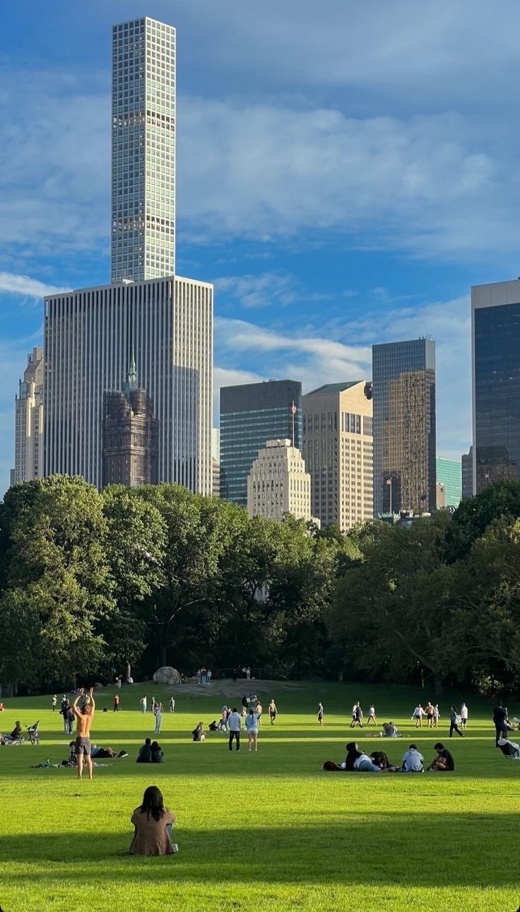 Sheep Meadow in Central Park, the Midtown skyline behind the trees.
